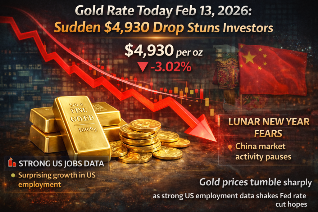 Gold Rate Today Feb 13, 2026 plunges to $4,930 after strong US jobs data and Lunar New Year concerns