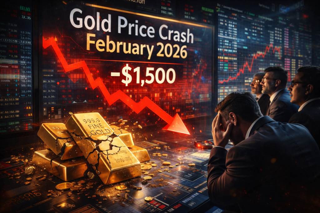 Gold Price Crash February 2026 showing a $1,500 plunge as gold prices fall sharply and investors react to market shock