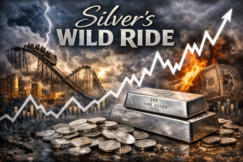 Silver's Wild Ride showing dramatic silver price volatility with sharp rise and fall in the global precious metals market