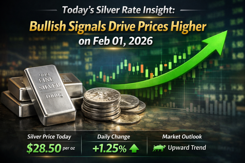Bullish silver price trend with silver bars and coins showing rising market signals on February 1, 2026