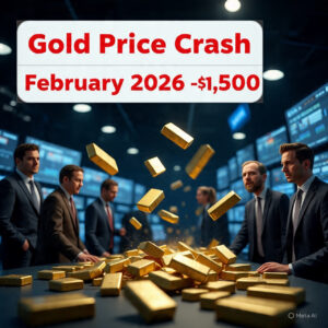 Gold Price Crash February 2026 showing a $1,500 plunge as global markets react to sharp gold sell-off